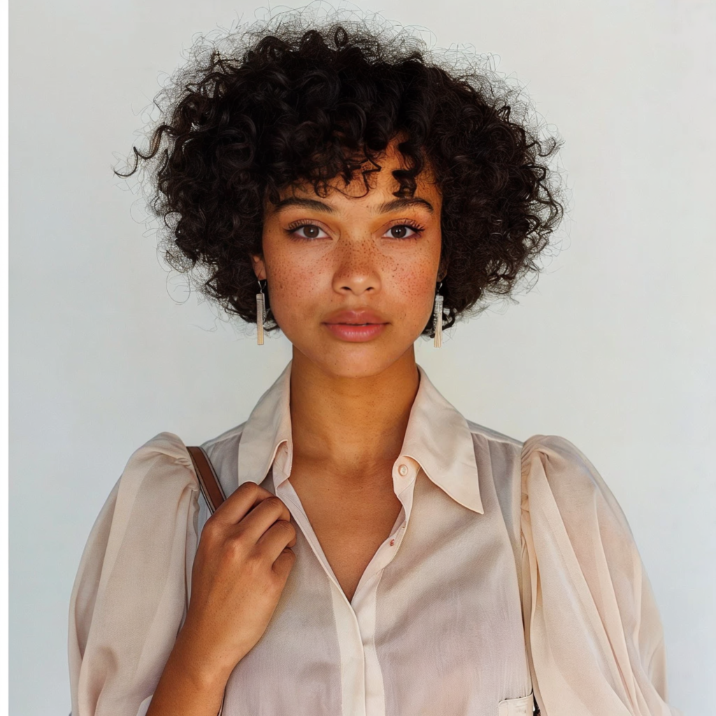 portrait éditorial d’un mannequin virtuel IA féminin en blouse élégante