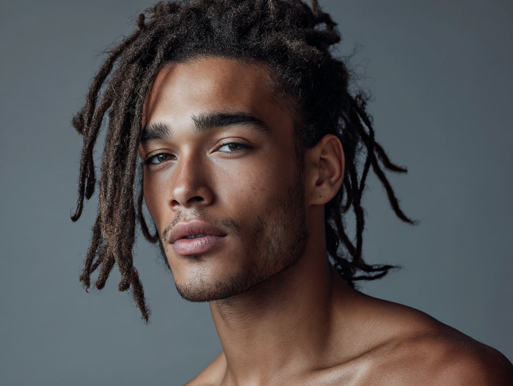 portrait de mannequin virtuel IA homme sur fond neutre pour campagne mode