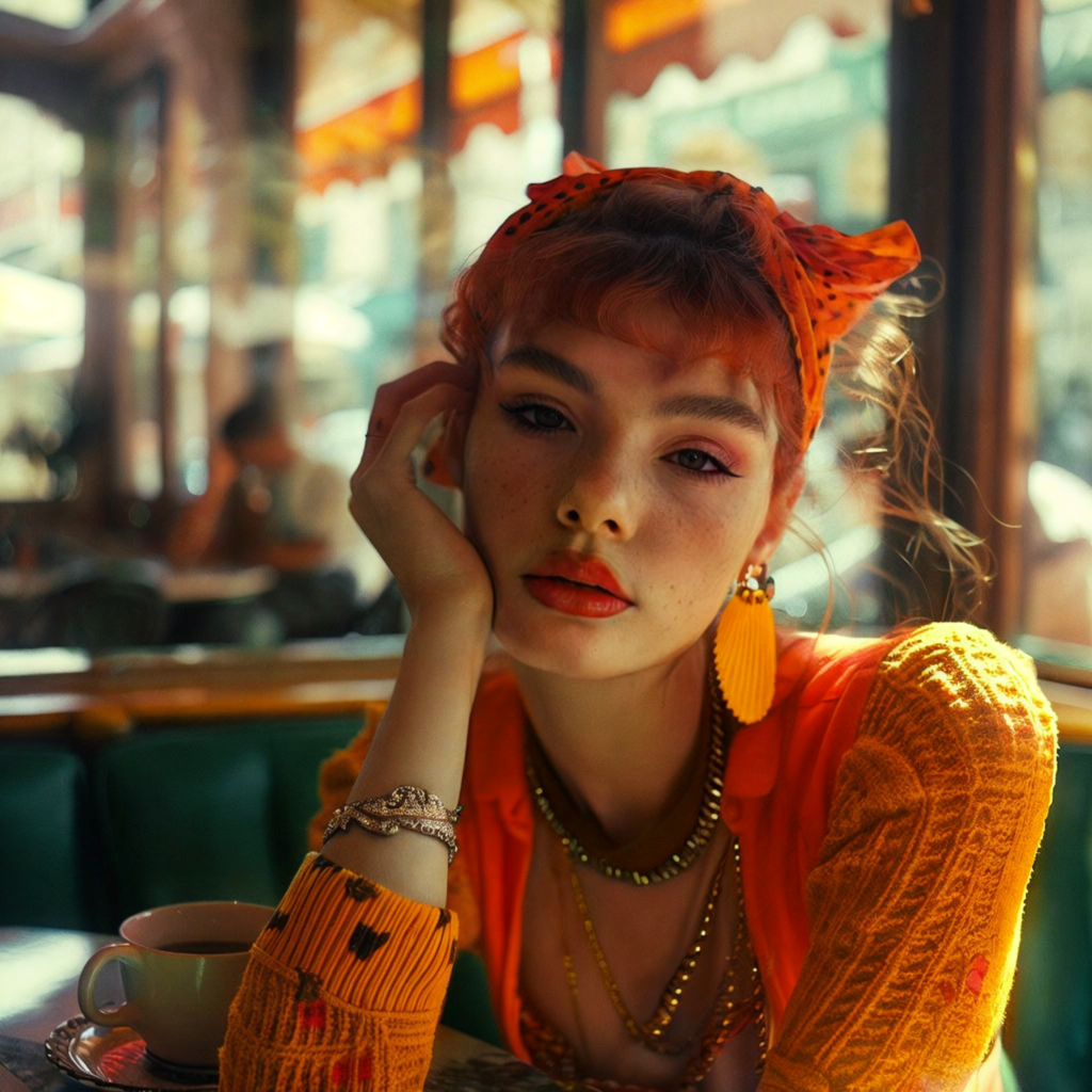 mannequin virtuel IA femme dans un décor café lifestyle pour campagne mode