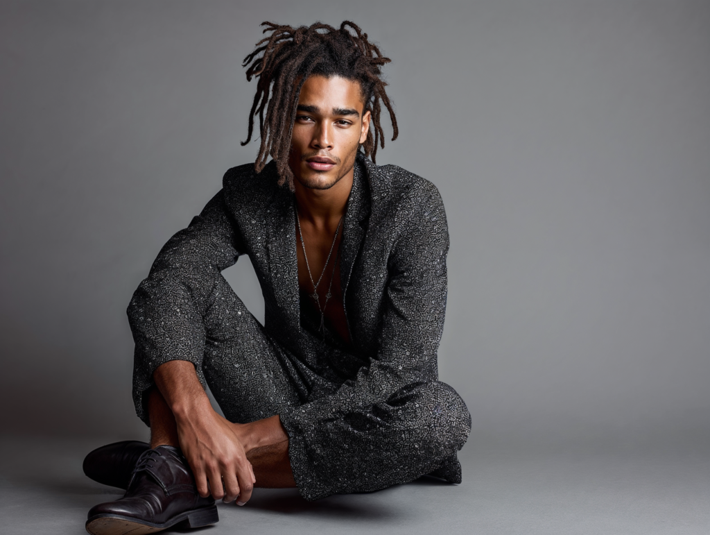 shooting studio de mannequin virtuel IA homme en costume élégant