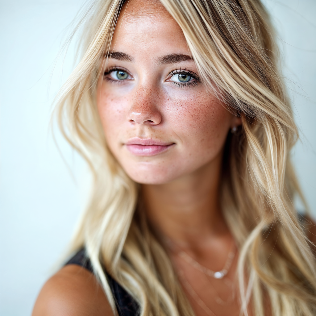 portrait rapproché de mannequin virtuel IA féminin pour campagne mode premium