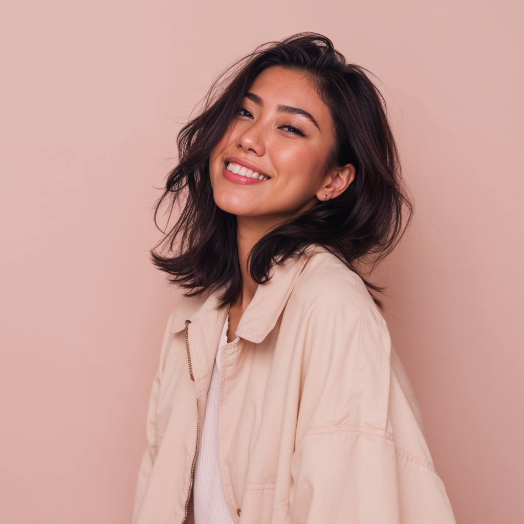 portrait mannequin virtuel IA femme fond rose studio mode premium