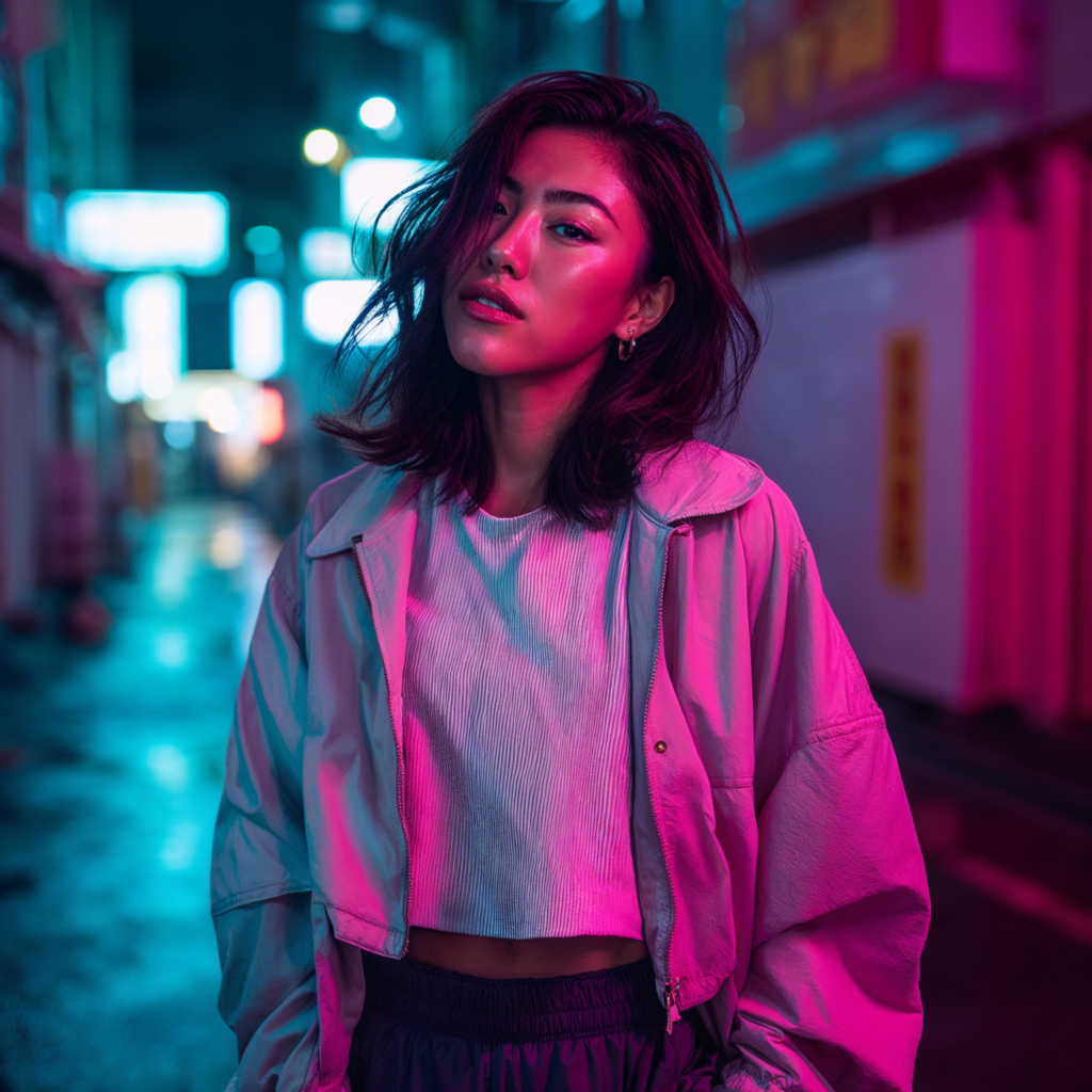mannequin virtuel IA femme style mode editorial en ambiance urbaine neon
