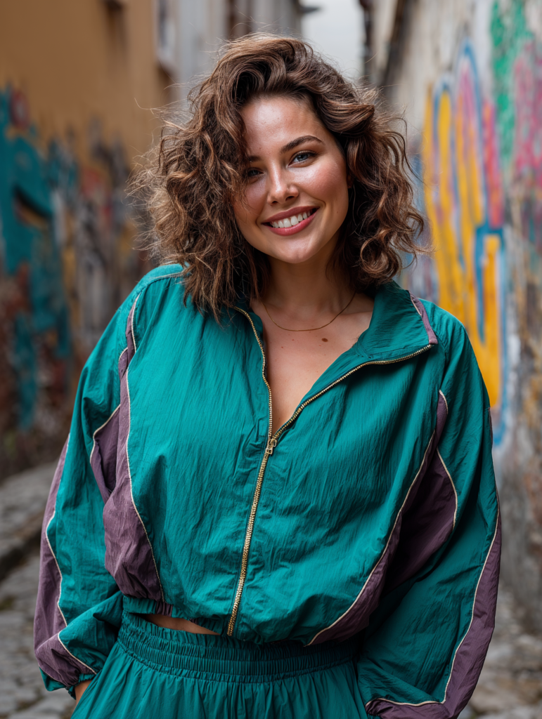 portrait mannequin virtuel IA femme tenue streetwear verte ambiance urbaine lifestyle