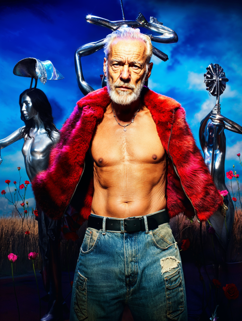 mannequin virtuel IA homme senior look mode éditorial veste rouge et jean style artistique