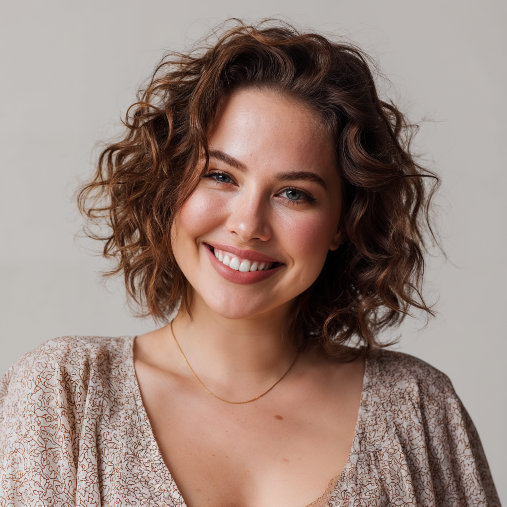 portrait mannequin virtuel IA femme cheveux bouclés sourire fond studio clair