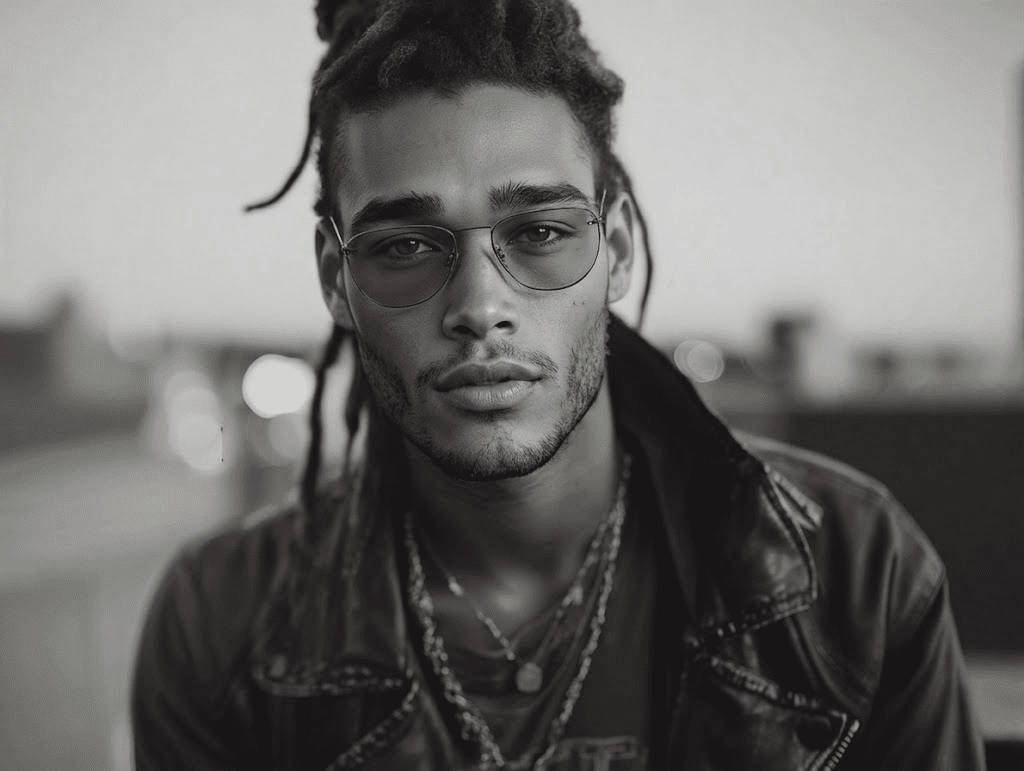 mannequin virtuel IA homme portrait lifestyle noir et blanc lunettes style éditorial