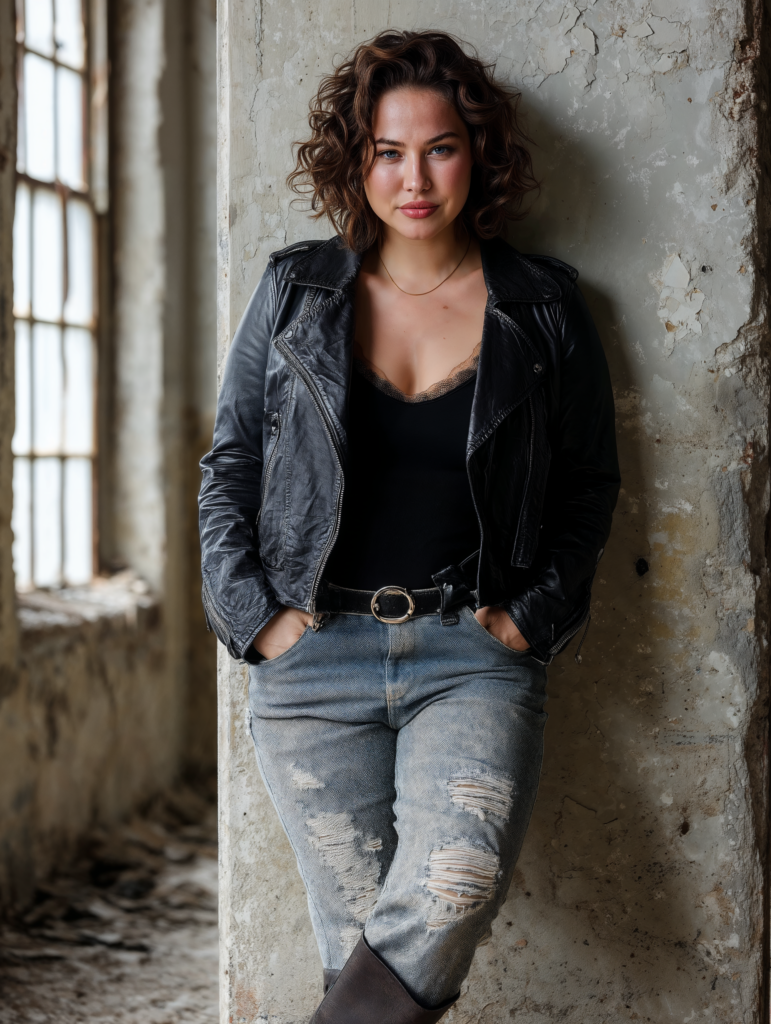mannequin virtuel IA femme portrait mode lifestyle veste noire studio éditorial