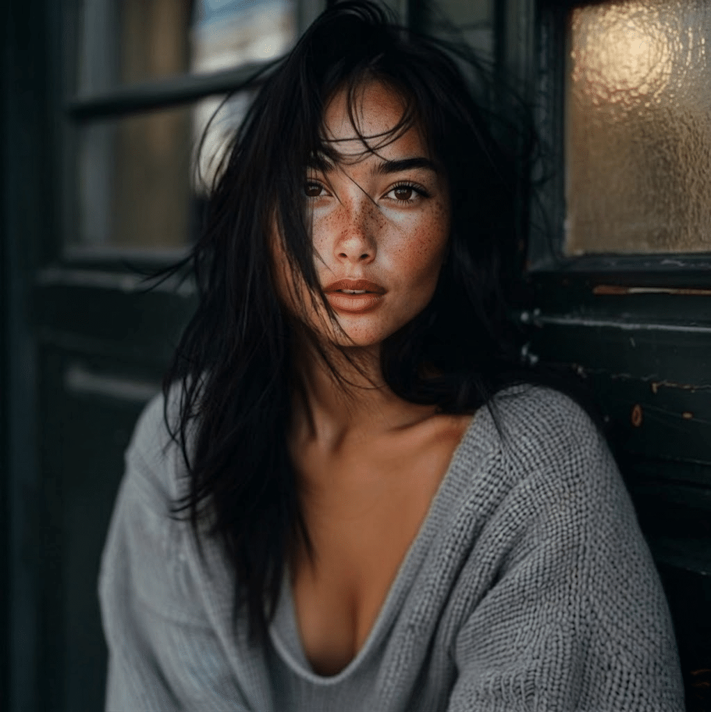 Portrait éditorial de mannequin virtuel IA en pull gris maille, visuel photoréaliste beauté et knitwear généré par Vyctorya