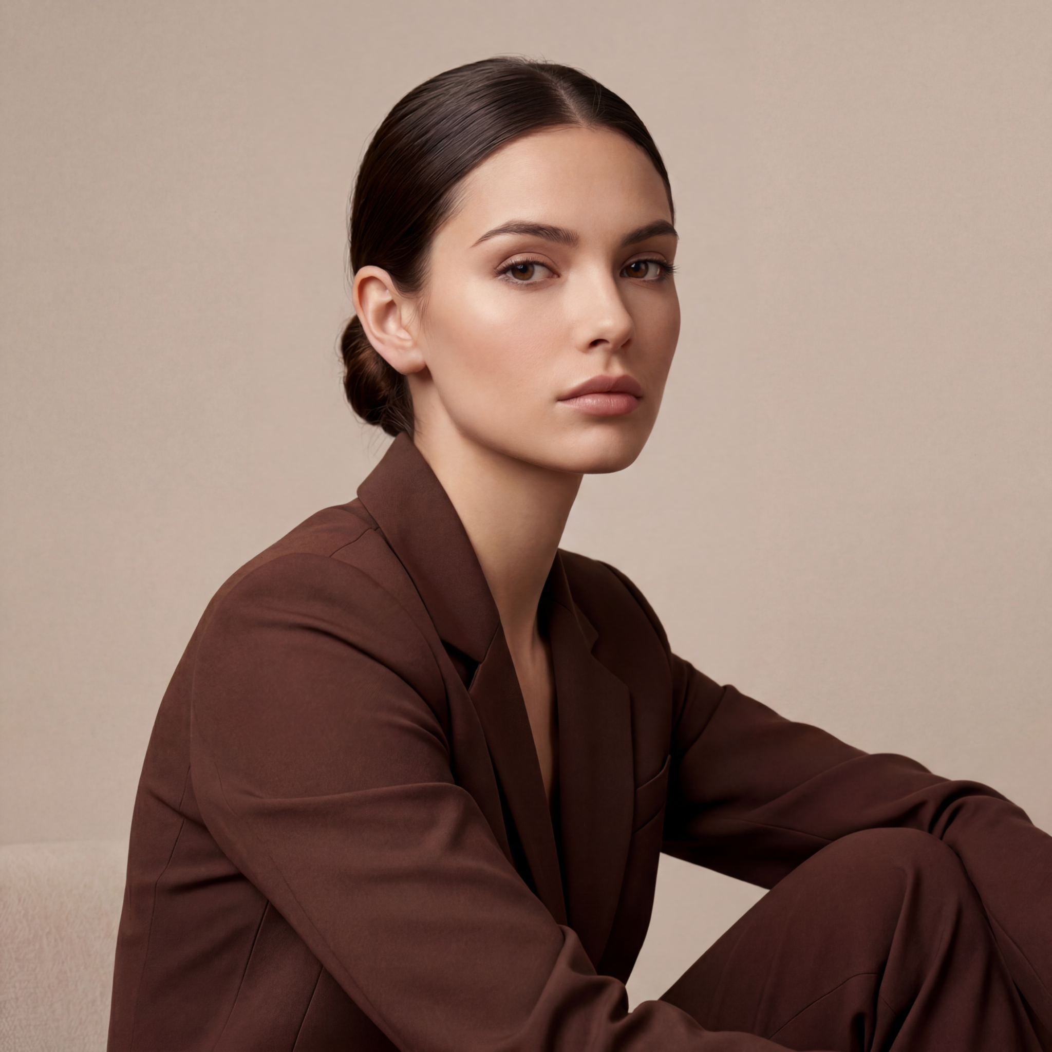 Mannequin virtuel IA en tailleur marron chocolat, visuel studio quiet luxury et workwear féminin généré par Vyctorya